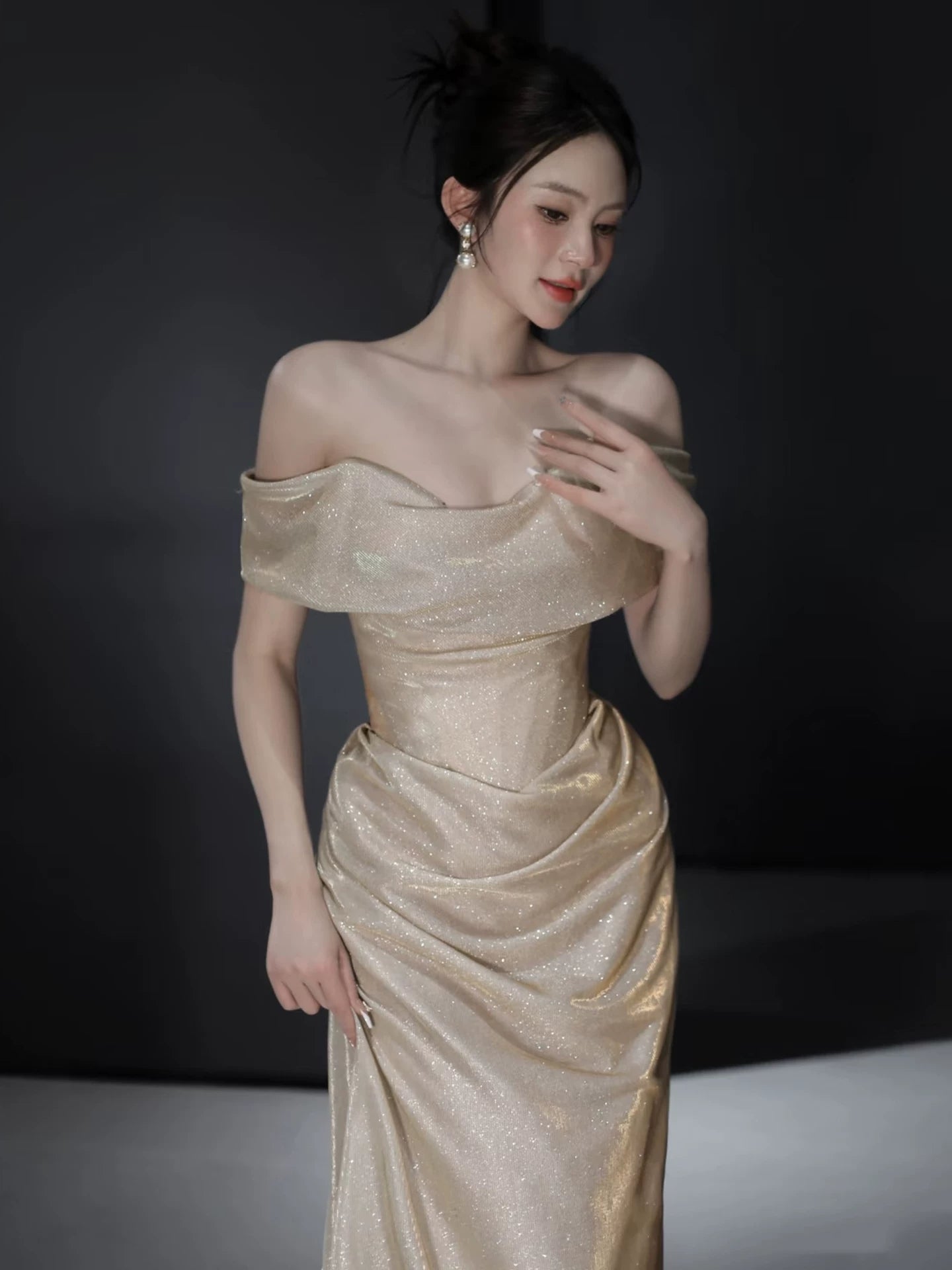 Off The Shoulder Champagne Prom Dress Sparkle Formal Evening Dress  P593
