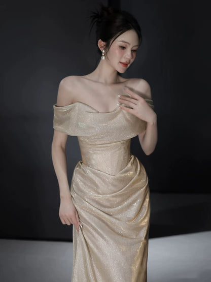 Off The Shoulder Champagne Prom Dress Sparkle Formal Evening Dress  P593