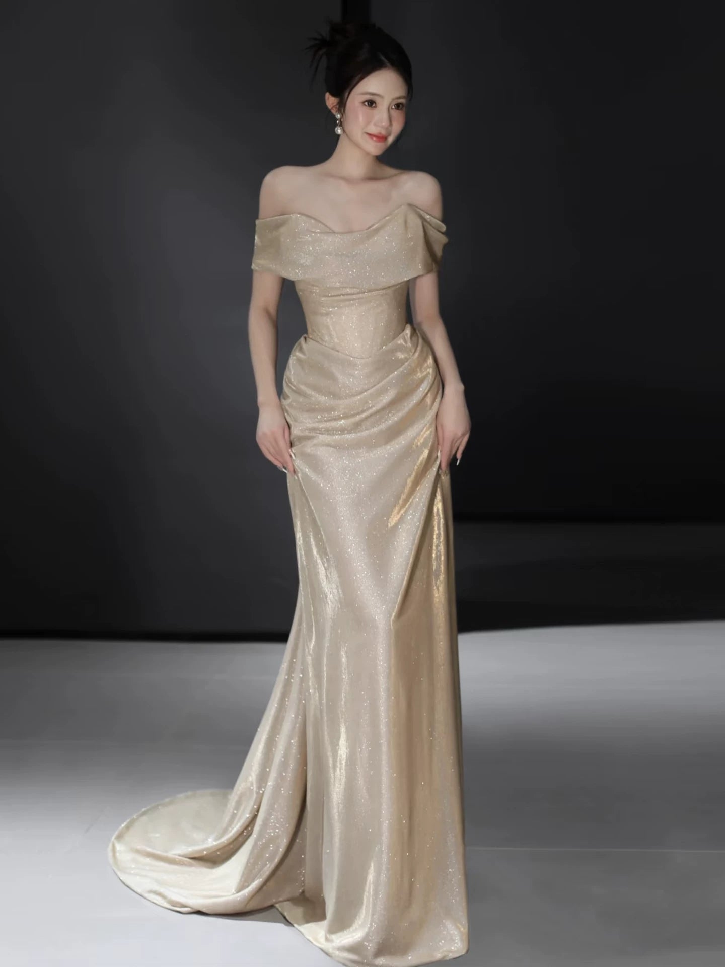Off The Shoulder Champagne Prom Dress Sparkle Formal Evening Dress  P593