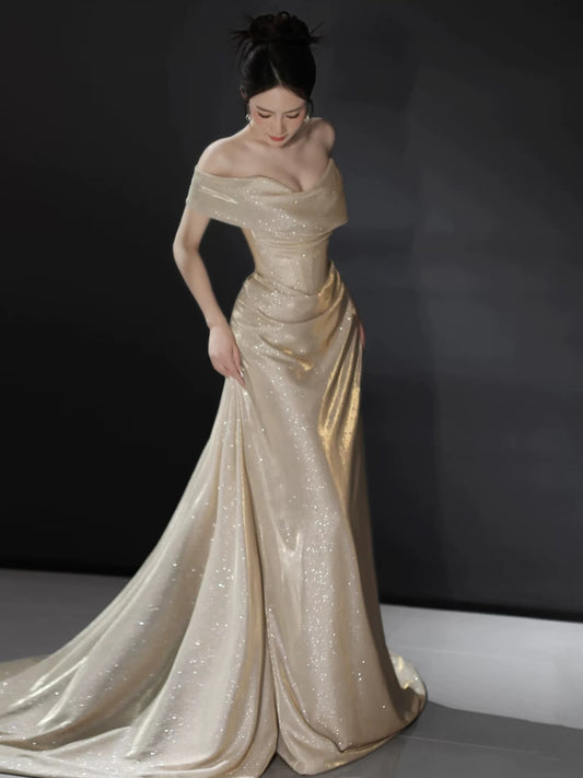 Off The Shoulder Champagne Prom Dress Sparkle Formal Evening Dress  P593