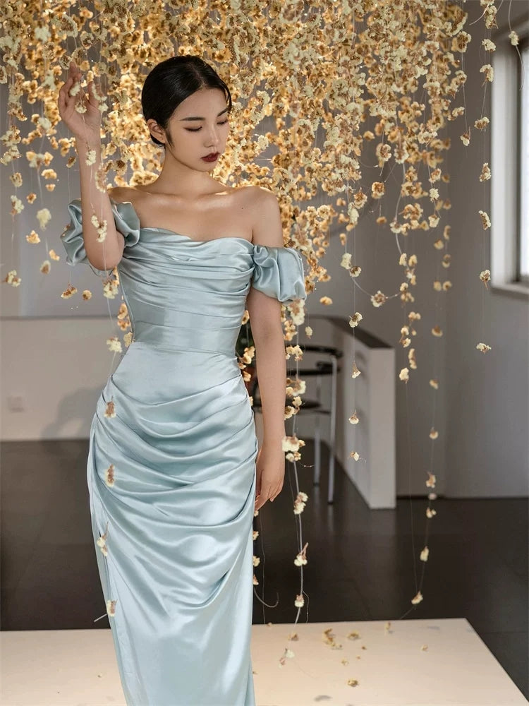 Off The Shoulder Gray Blue Prom Dress Satin Formal Evening Dress  P594