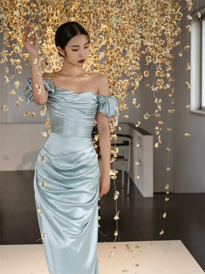 Off The Shoulder Gray Blue Prom Dress Satin Formal Evening Dress  P594