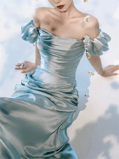 Off The Shoulder Gray Blue Prom Dress Satin Formal Evening Dress  P594