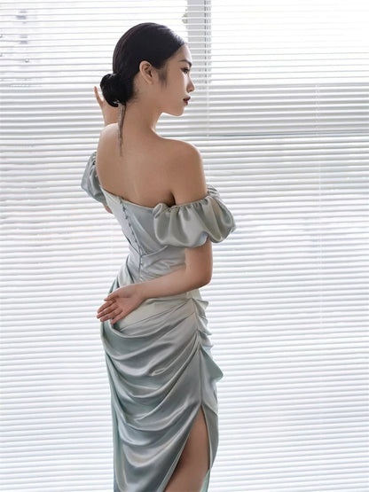 Off The Shoulder Gray Blue Prom Dress Satin Formal Evening Dress  P594