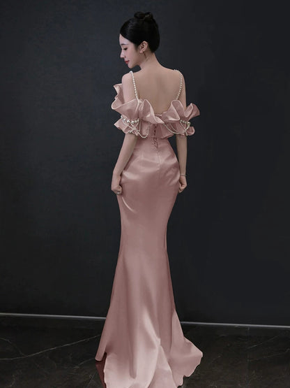 Peal Straps Pink Prom Dress Mermaid Satin Birthday Dress Evening Dress  P595