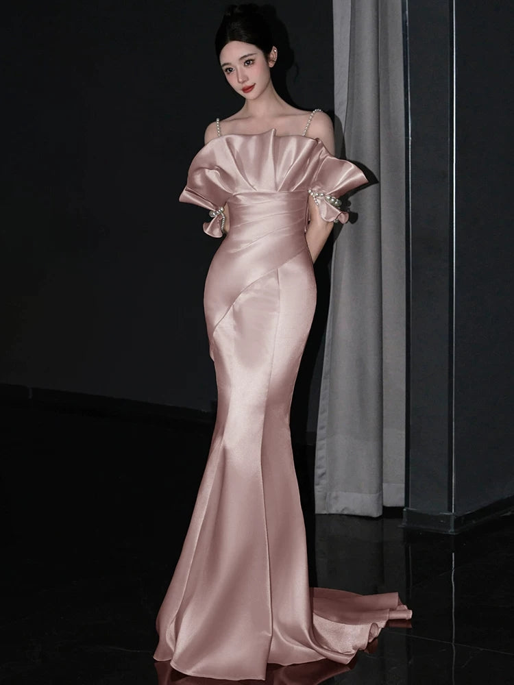Peal Straps Pink Prom Dress Mermaid Satin Birthday Dress Evening Dress  P595