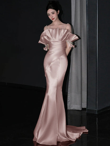 Peal Straps Pink Prom Dress Mermaid Satin Birthday Dress Evening Dress  P595