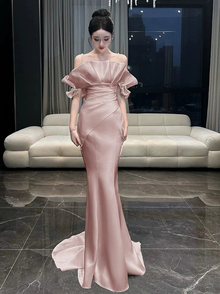 Peal Straps Pink Prom Dress Mermaid Satin Birthday Dress Evening Dress  P595
