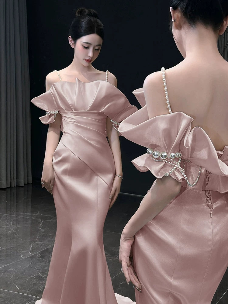 Peal Straps Pink Prom Dress Mermaid Satin Birthday Dress Evening Dress  P595