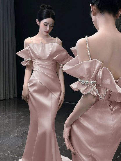Peal Straps Pink Prom Dress Mermaid Satin Birthday Dress Evening Dress  P595