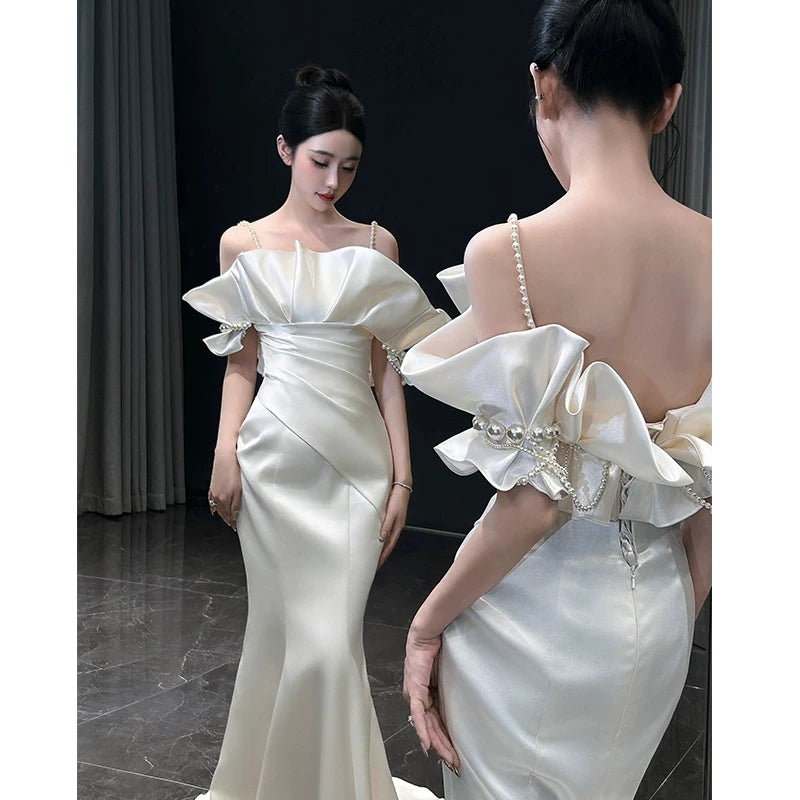Peal Straps Pink Prom Dress Mermaid Satin Birthday Dress Evening Dress  P595
