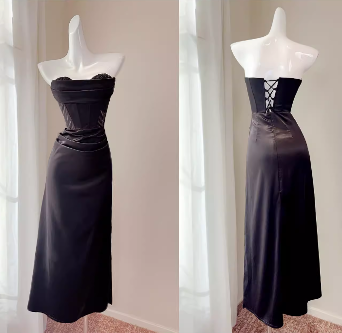Sweetheart Black Prom Dress Mermaid Satin Birthday Dress Evening Dress  P596
