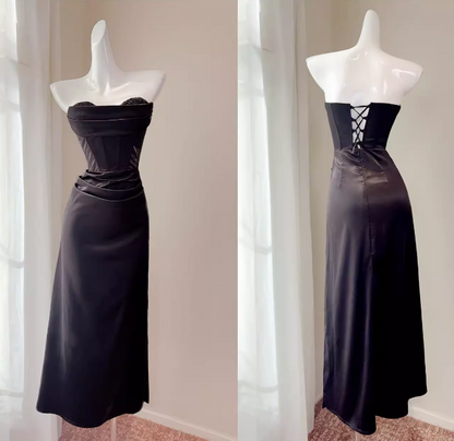 Sweetheart Black Prom Dress Mermaid Satin Birthday Dress Evening Dress  P596