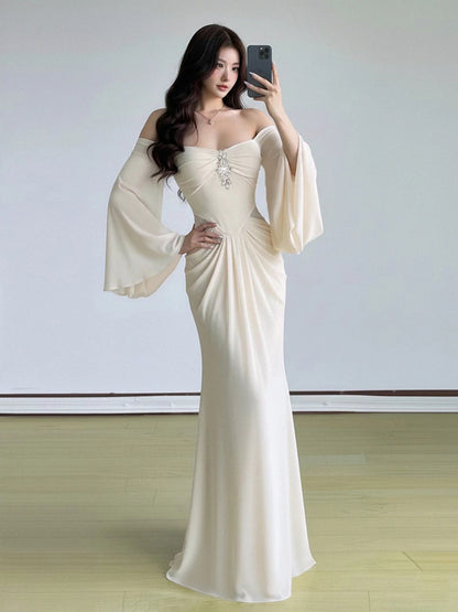 Off The Shoulder Purple Evening Dress Modest Chiffon Wedding Guest Dress  P597