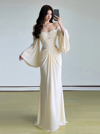 Off The Shoulder Purple Evening Dress Modest Chiffon Wedding Guest Dress  P597