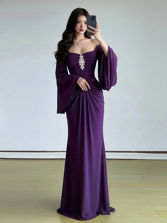 Off The Shoulder Purple Evening Dress Modest Chiffon Wedding Guest Dress  P597