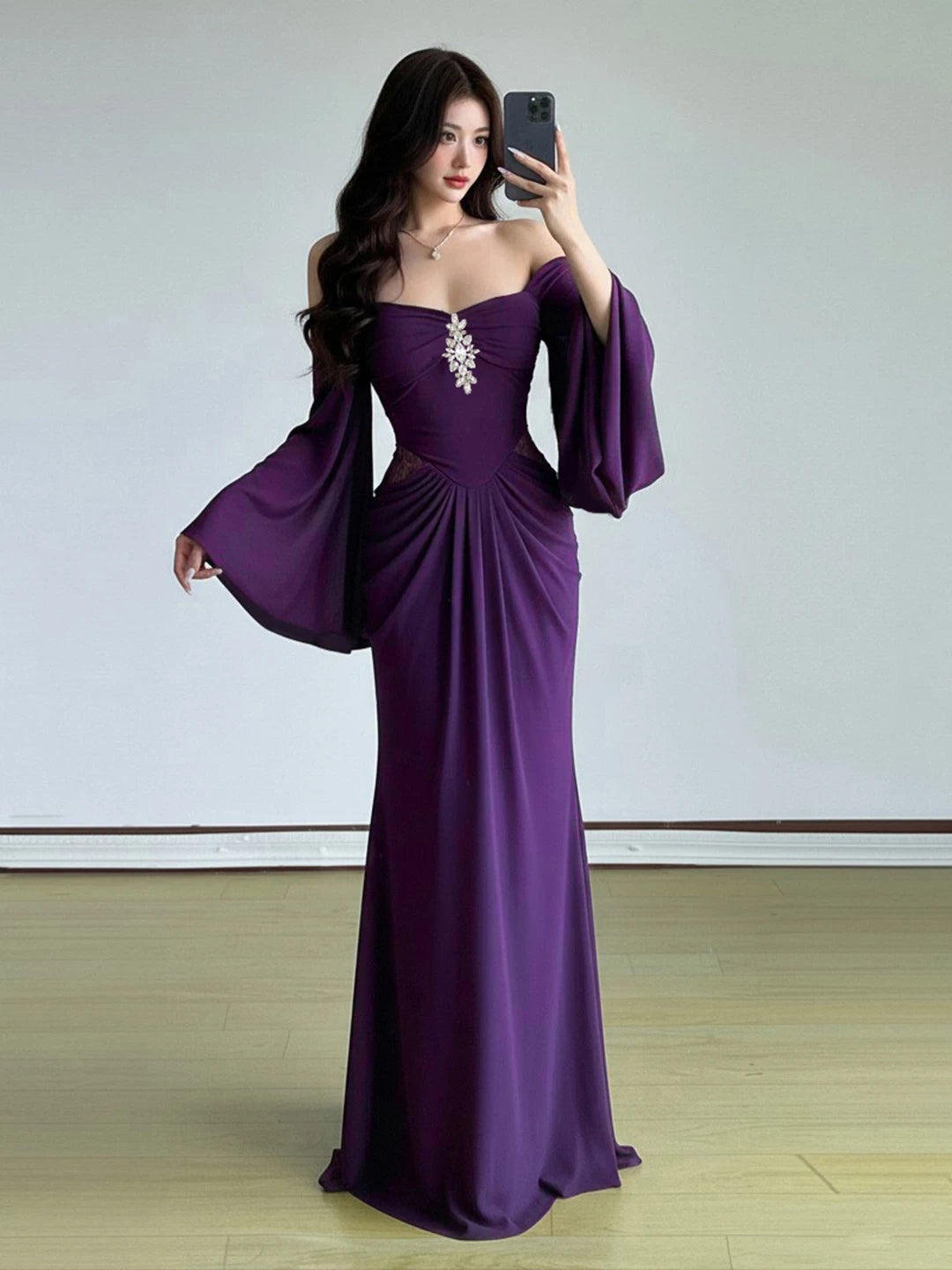 Off The Shoulder Purple Evening Dress Modest Chiffon Wedding Guest Dress  P597