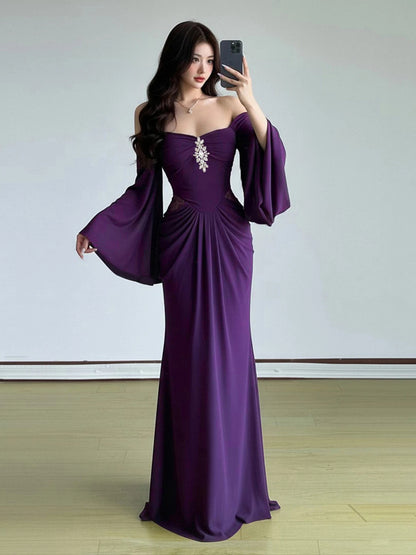 Off The Shoulder Purple Evening Dress Modest Chiffon Wedding Guest Dress  P597