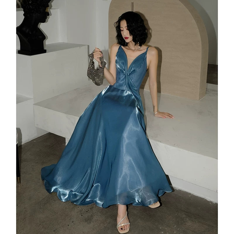 V Neck A Line Blue Formal Dress Wedding Guest Dress  P598