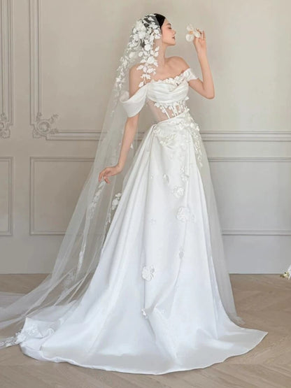 Off The Shoulder White Wedding Dress For Bridal Satin Wedding Gown  P599