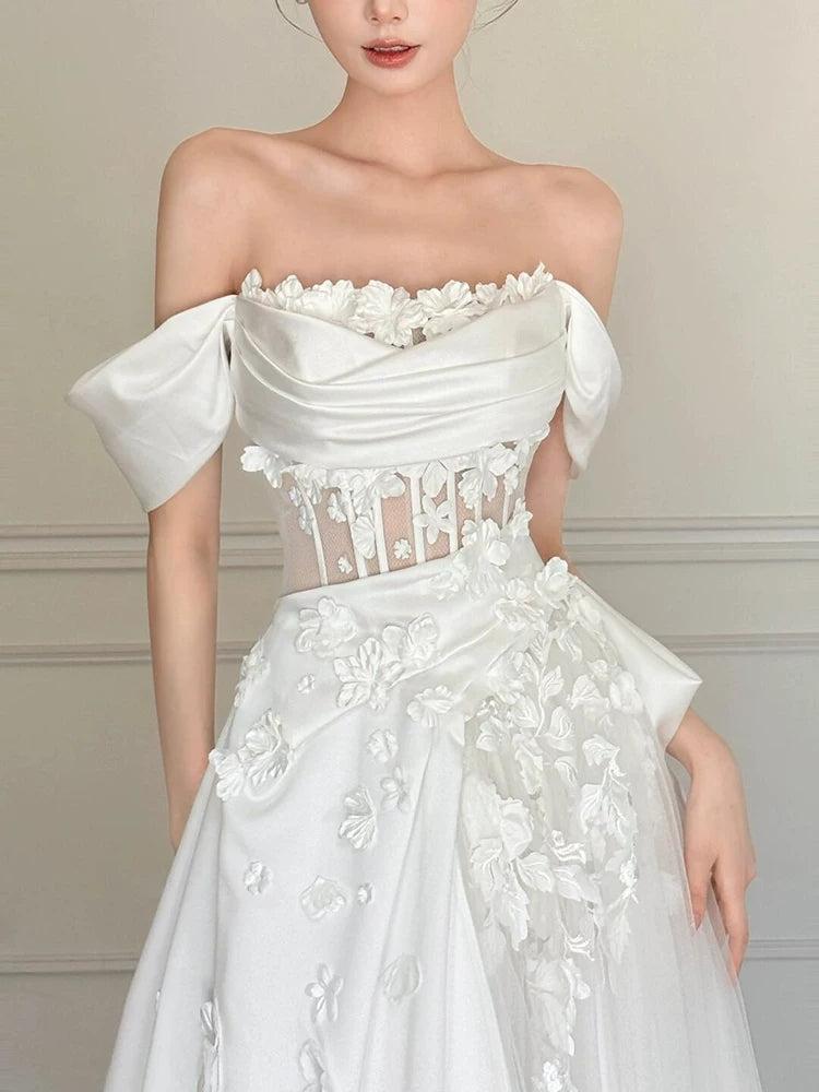 Off The Shoulder White Wedding Dress For Bridal Satin Wedding Gown  P599