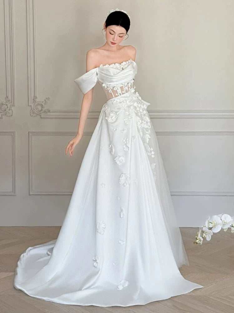 Off The Shoulder White Wedding Dress For Bridal Satin Wedding Gown  P599
