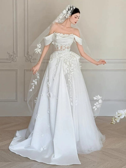 Off The Shoulder White Wedding Dress For Bridal Satin Wedding Gown  P599