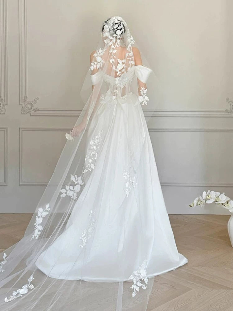 Off The Shoulder White Wedding Dress For Bridal Satin Wedding Gown  P599
