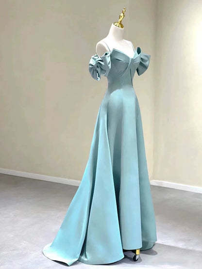 Off The Shoulder Blue Satin Prom Dress A Line Formal Dress For Teens  P600