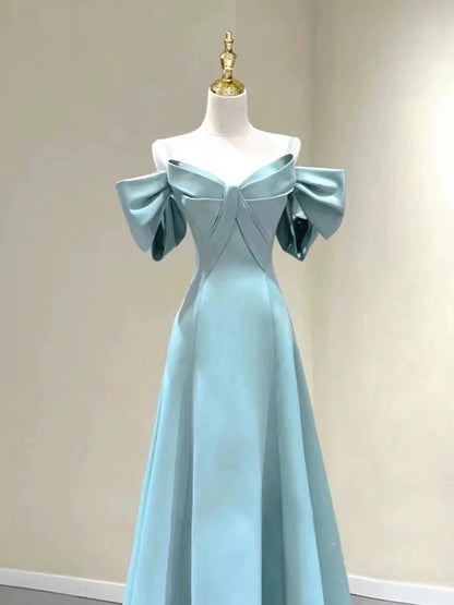 Off The Shoulder Blue Satin Prom Dress A Line Formal Dress For Teens  P600