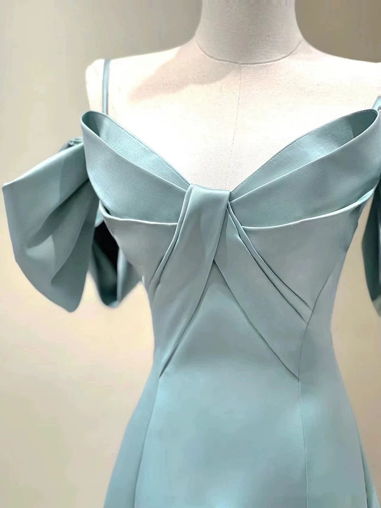 Off The Shoulder Blue Satin Prom Dress A Line Formal Dress For Teens  P600