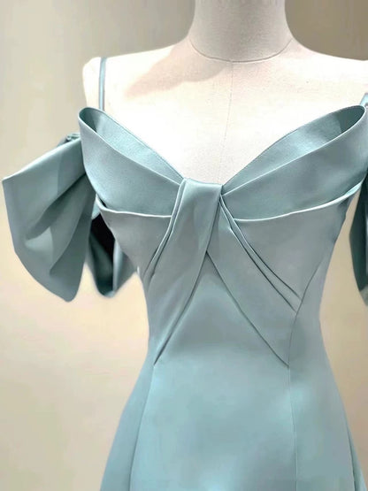 Off The Shoulder Blue Satin Prom Dress A Line Formal Dress For Teens  P600