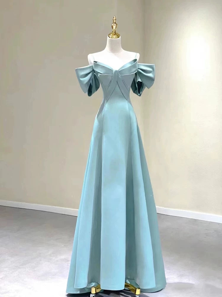 Off The Shoulder Blue Satin Prom Dress A Line Formal Dress For Teens  P600