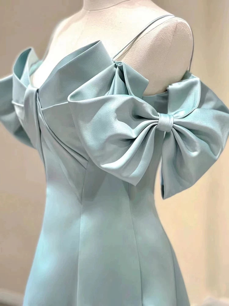 Off The Shoulder Blue Satin Prom Dress A Line Formal Dress For Teens  P600