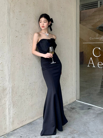 Black Mermaid Prom Dress With Bow Cute Evening Dress  P602