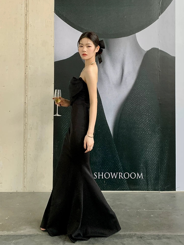 Black Mermaid Prom Dress With Bow Cute Evening Dress  P602