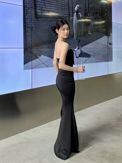 Black Mermaid Prom Dress With Bow Cute Evening Dress  P602