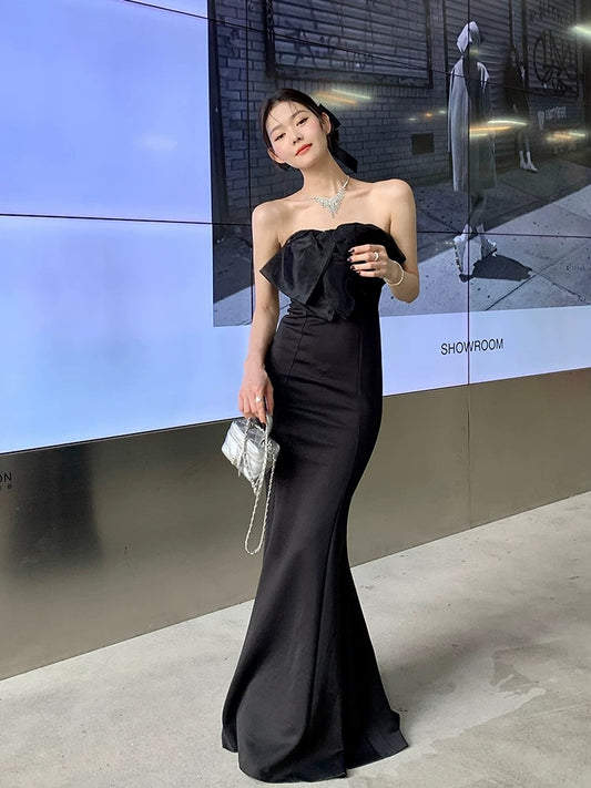 Black Mermaid Prom Dress With Bow Cute Evening Dress  P602