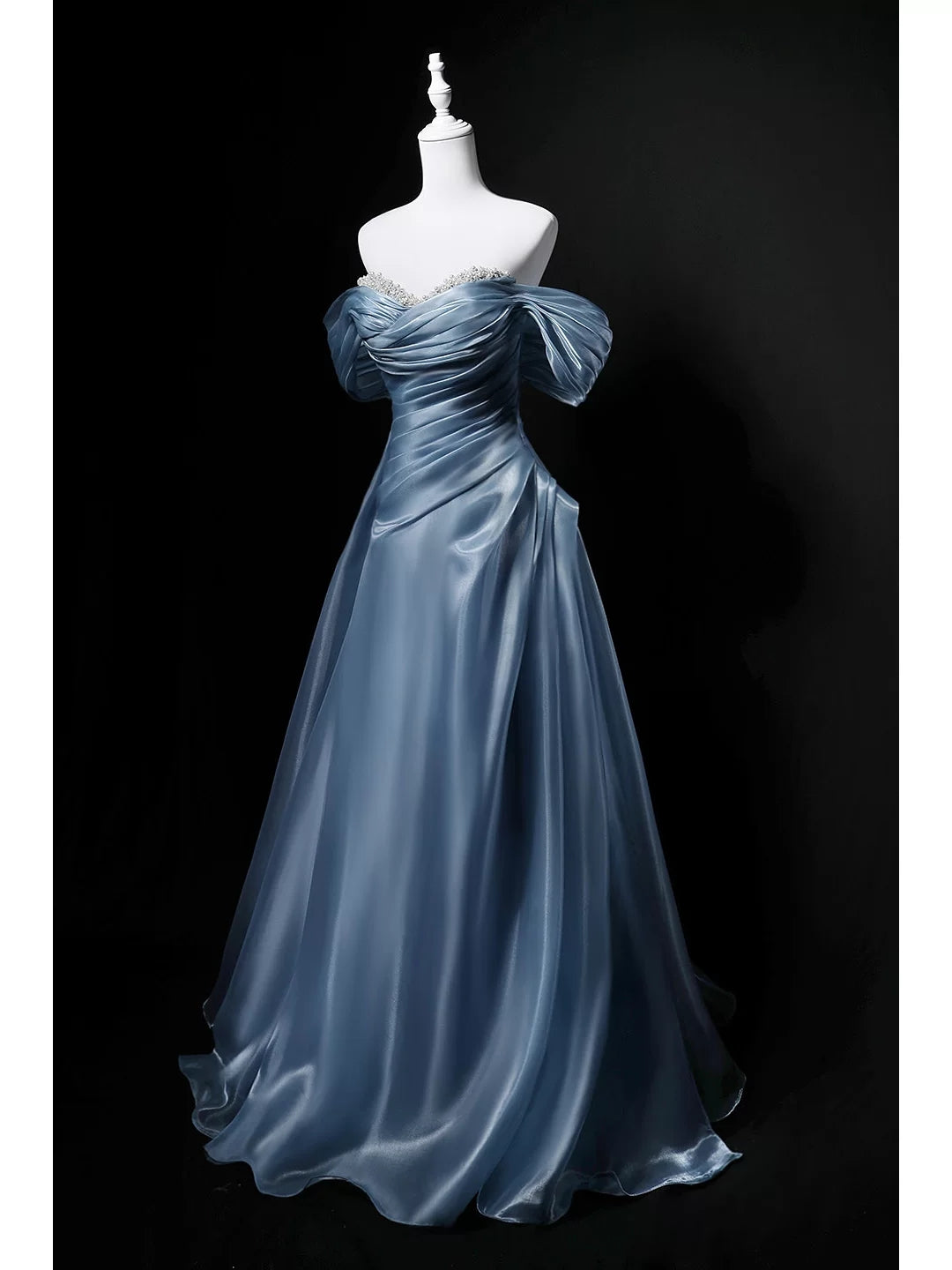 Off The Shoulder Gray Blue Prom Dress Pearl Beaded Formal Dress  P603