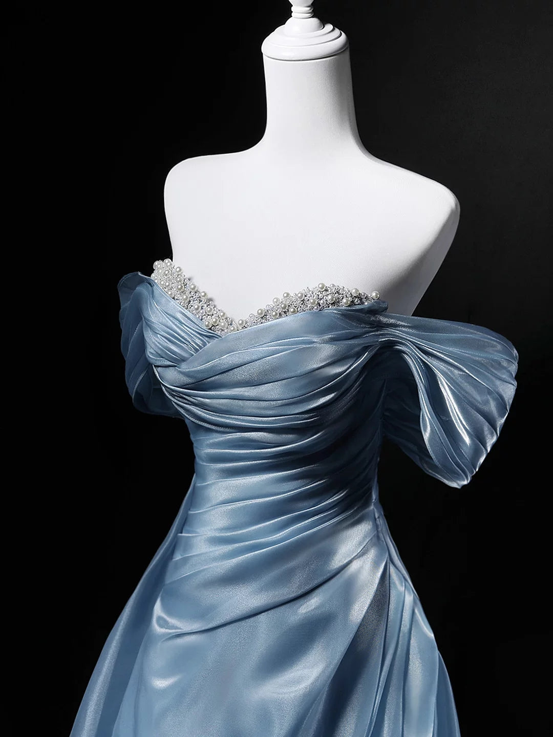 Off The Shoulder Gray Blue Prom Dress Pearl Beaded Formal Dress  P603