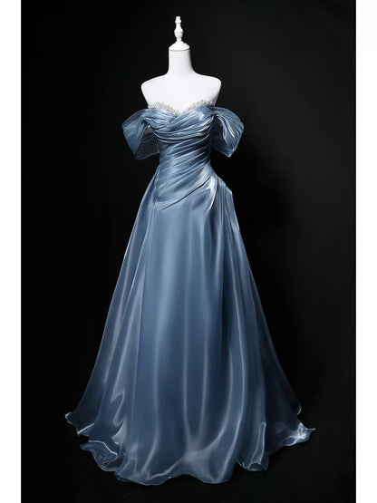 Off The Shoulder Gray Blue Prom Dress Pearl Beaded Formal Dress  P603