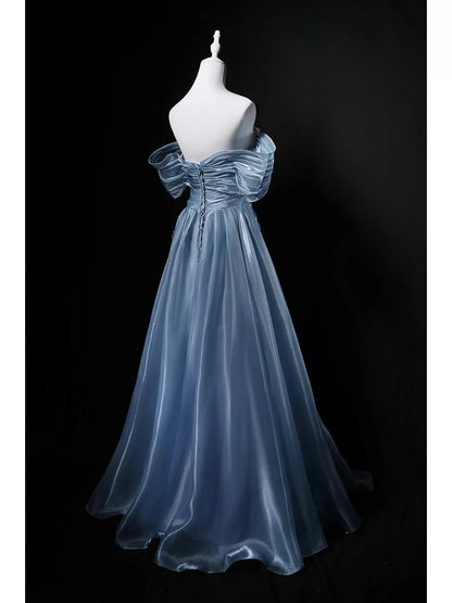 Off The Shoulder Gray Blue Prom Dress Pearl Beaded Formal Dress  P603
