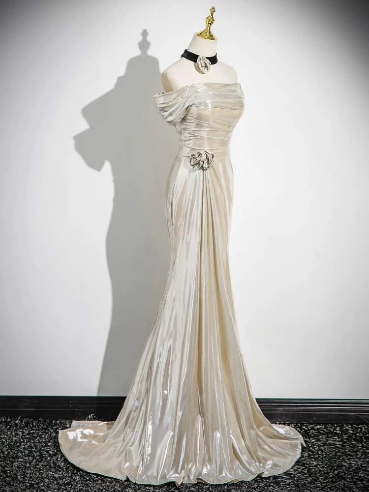 Off The Shoulder Beige Metal Prom Dress Mermaid Evening Dress  P604