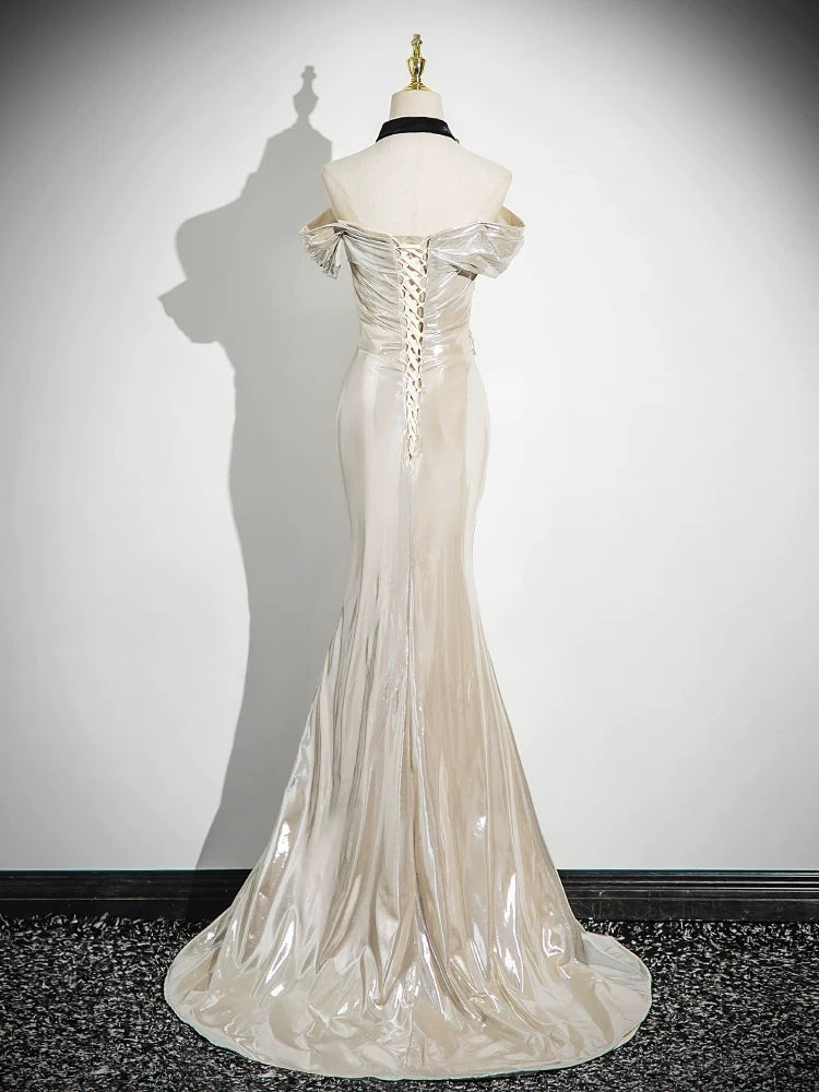 Off The Shoulder Beige Metal Prom Dress Mermaid Evening Dress  P604