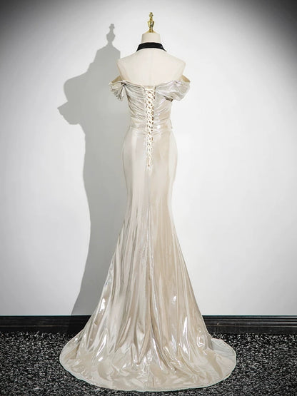 Off The Shoulder Beige Metal Prom Dress Mermaid Evening Dress  P604