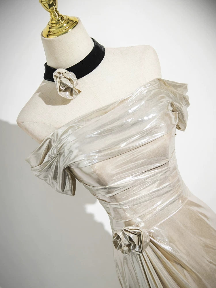 Off The Shoulder Beige Metal Prom Dress Mermaid Evening Dress  P604