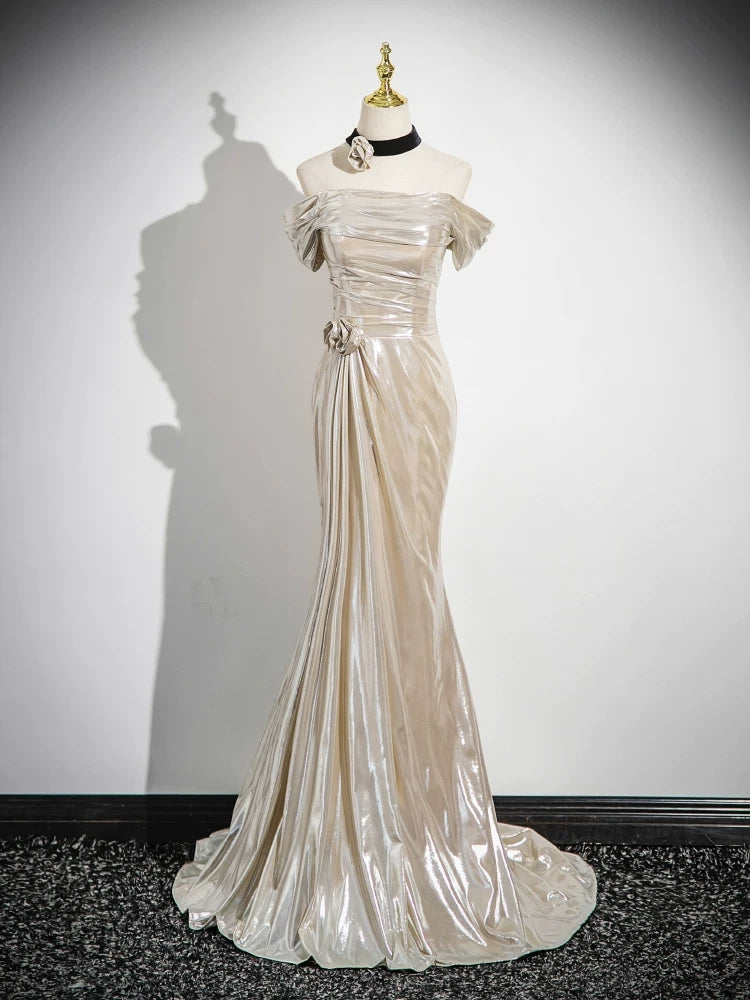 Off The Shoulder Beige Metal Prom Dress Mermaid Evening Dress  P604