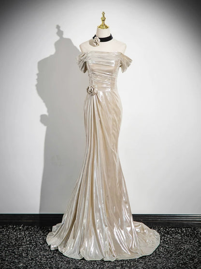 Off The Shoulder Beige Metal Prom Dress Mermaid Evening Dress  P604