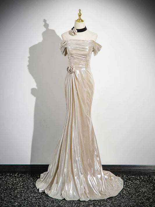 Off The Shoulder Beige Metal Prom Dress Mermaid Evening Dress  P604