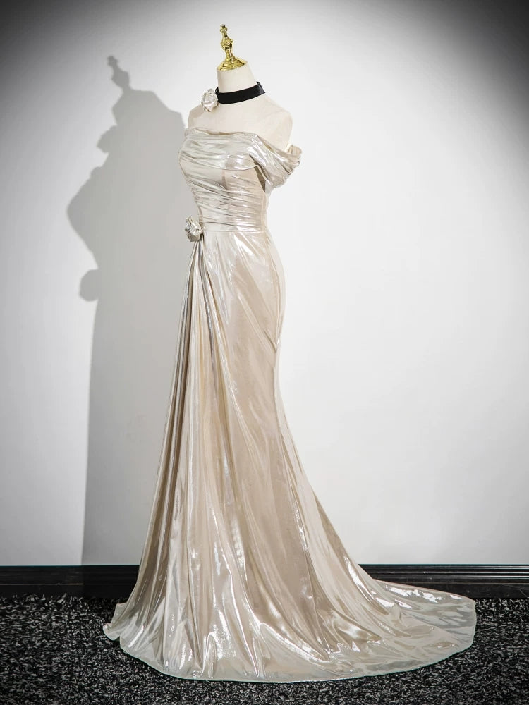 Off The Shoulder Beige Metal Prom Dress Mermaid Evening Dress  P604